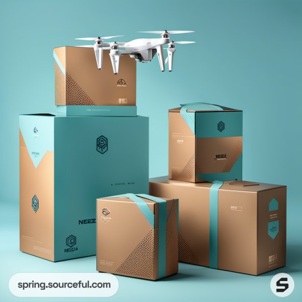 Drone above brown and teal packaging boxes on teal background.