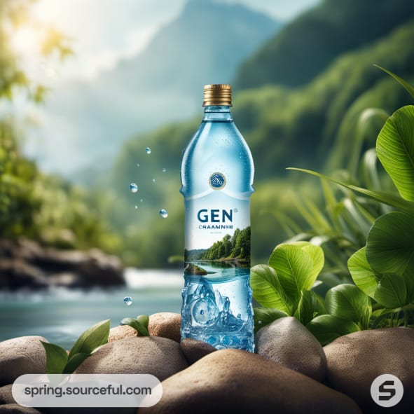 Clear water bottle near a stream and greenery.