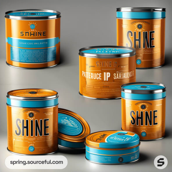 Five tins labeled 'SHINE' in blue and orange with bold, vintage typography.