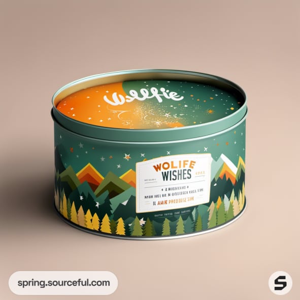 Round tin with colorful mountain and forest design on green background.