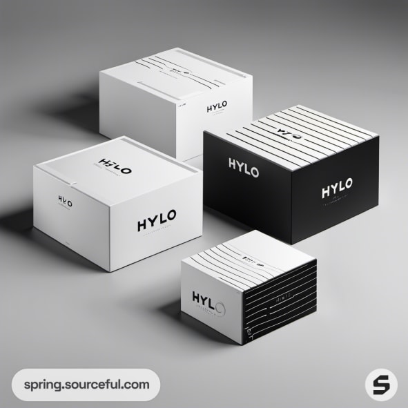 Four minimalist boxes, white and black, with simple text design and lines, on a neutral background.