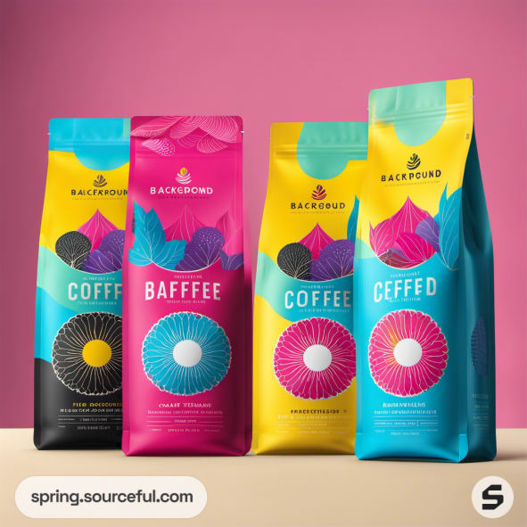 Colorful coffee bags with vibrant designs on a pink background.