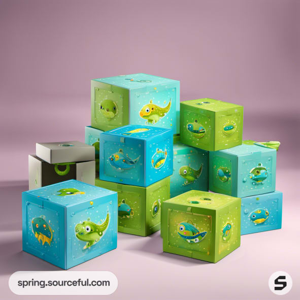 Colorful dinosaur-themed boxes with playful designs on a pink background.