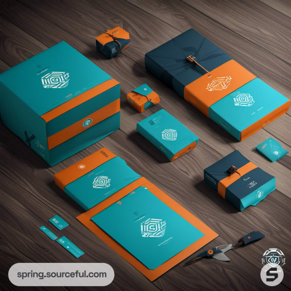 Teal and orange boxes with geometric patterns on wooden surface.