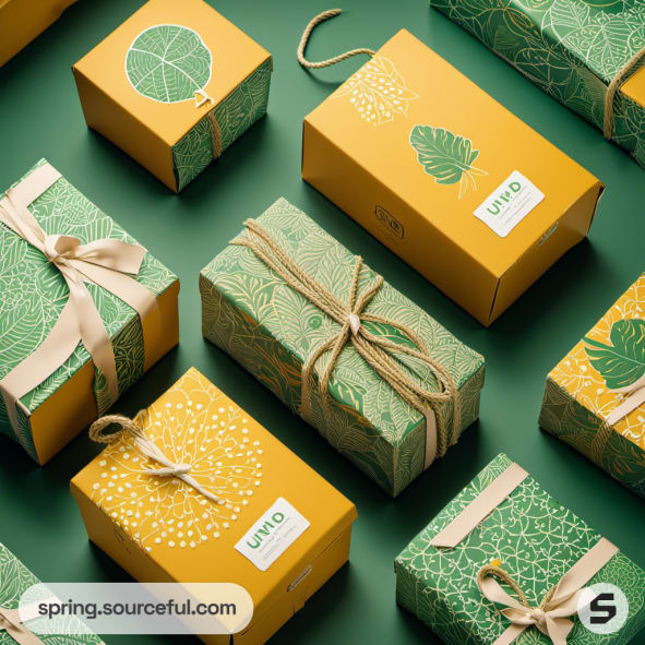 Green and yellow eco-friendly gift boxes with leaf patterns and twine ties on green background.