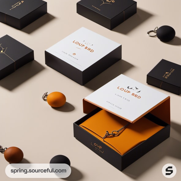 Black and orange gift boxes with keychains on beige background.