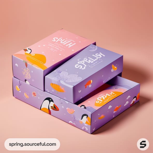 Colorful mailer boxes with penguin designs in purple, pink, and orange, set against a peach background.