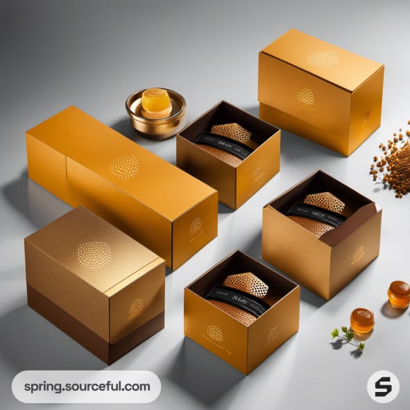 Golden and brown luxury packaging boxes with honey theme.