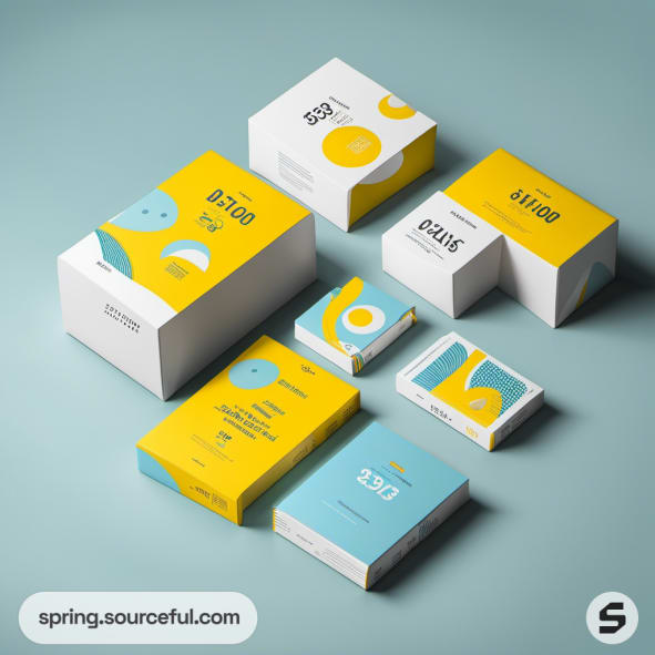 Colorful packaging boxes with abstract designs in blue, yellow, and white on a mint background.