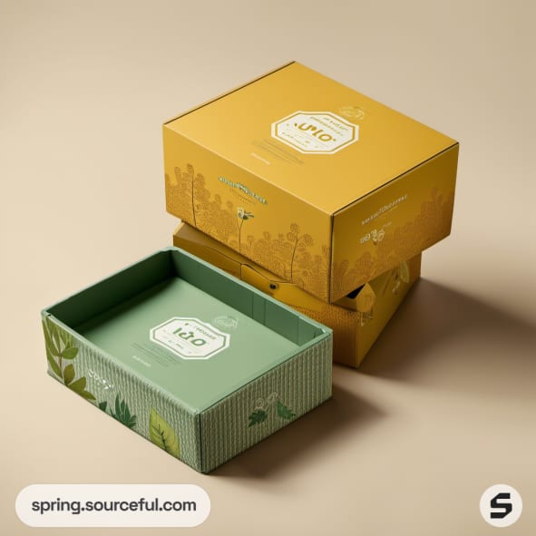 Stacked green and yellow boxes with floral and striped designs.