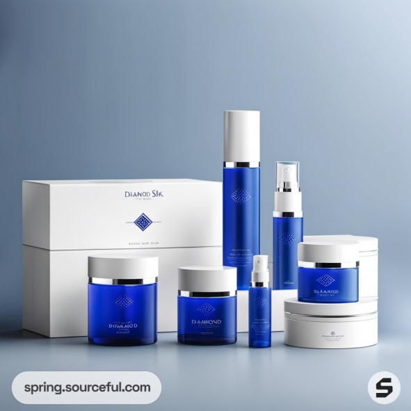 Set of blue skincare bottles and jars on display