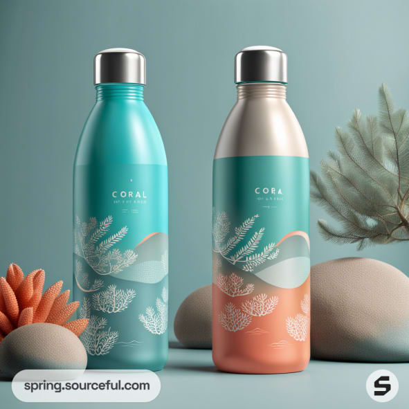 Two eco-friendly bottles with coral reef designs on a soft green background.