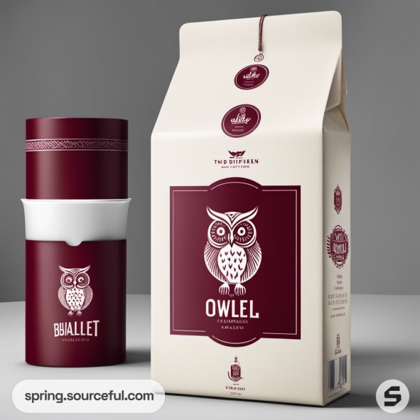 Burgundy and cream coffee packaging with owl design.