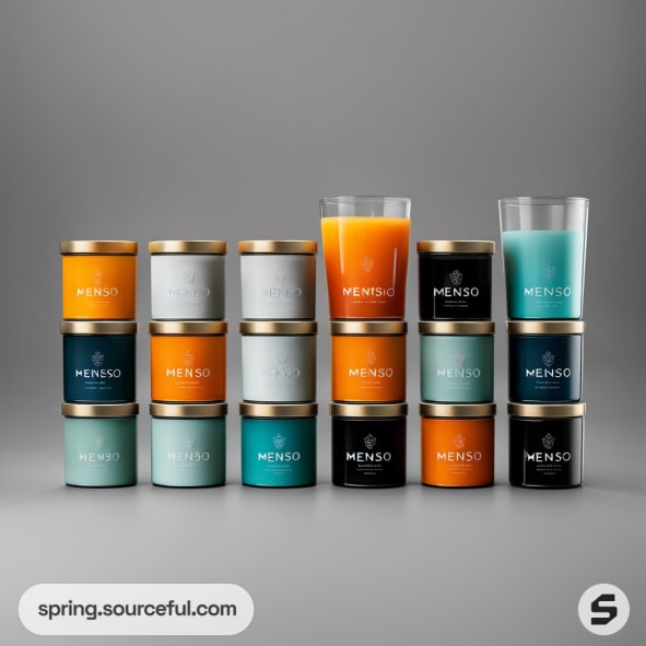 Assorted candles in jars and glasses with various colors and labels on a gray background.