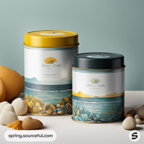 Two tin canisters with coastal-themed designs, one with a yellow lid and one with a blue lid, surrounded by seashells.