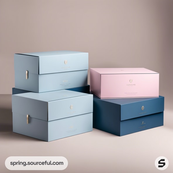 Stacked pastel-colored shoeboxes in pink, light blue, and dark blue against a neutral background.