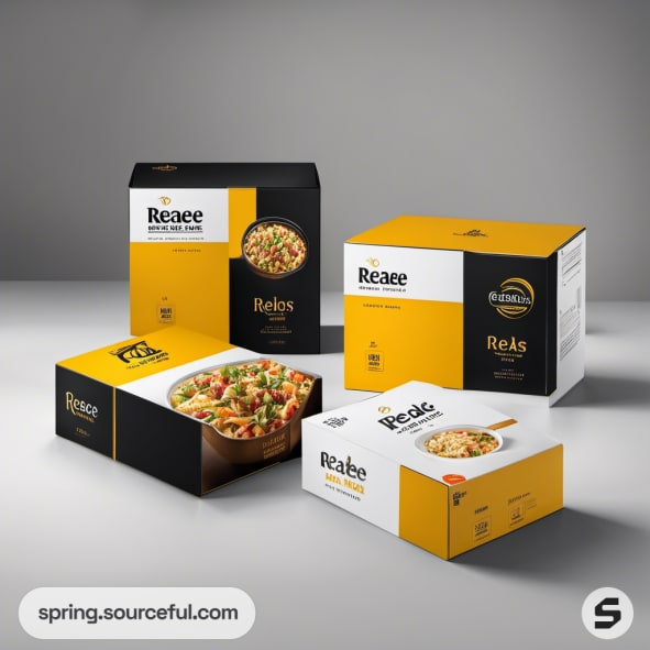 Colorful meal boxes with black and yellow design on a gray background.