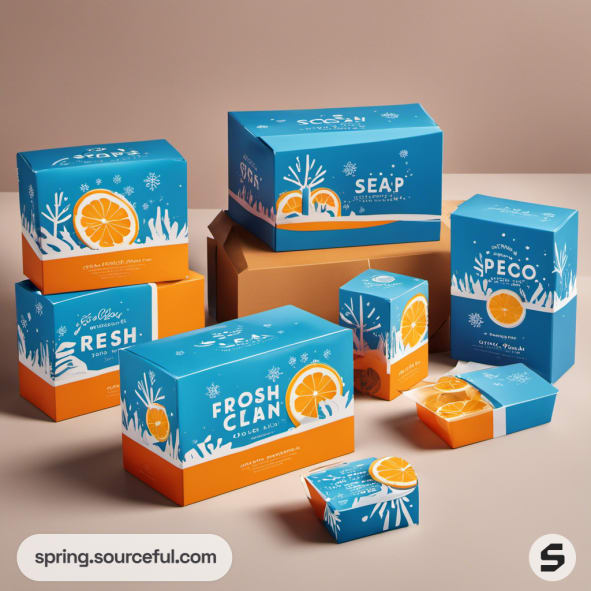 Blue and orange illustrated mailer boxes with citrus designs displayed on brown surfaces.