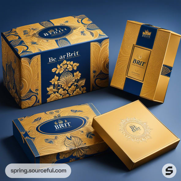 Blue and gold decorative packaging for boxes with floral patterns.