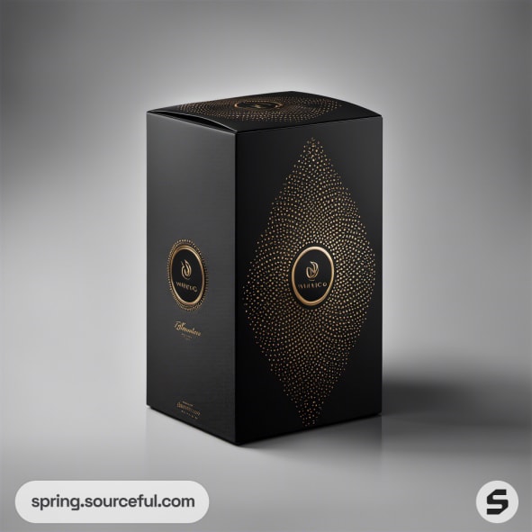 Black and gold decorative box with intricate design and circle pattern