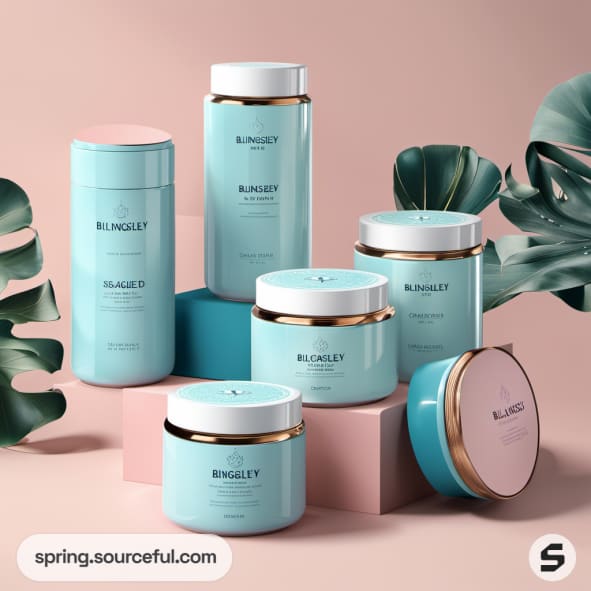 Turquoise and pink jars with gold accents, surrounded by tropical leaves on a pastel background.