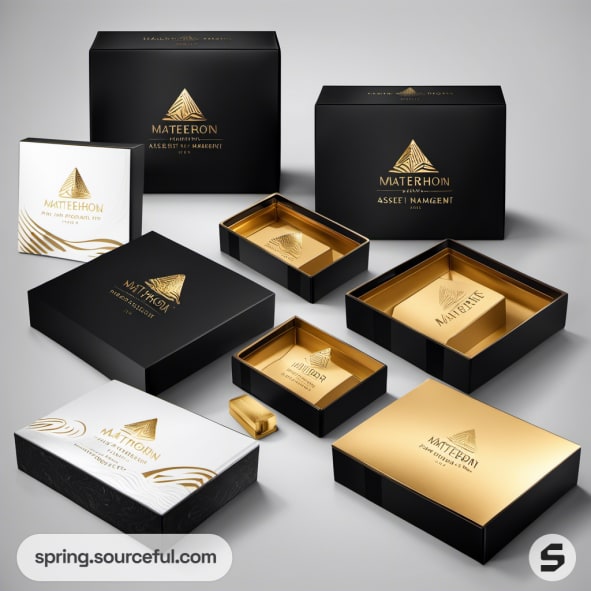 Black and gold luxury packaging with open boxes.