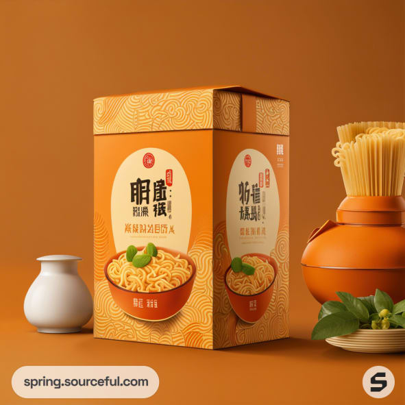 Orange noodle box with intricate patterns and a bowl of noodles on the side against a matching orange background.