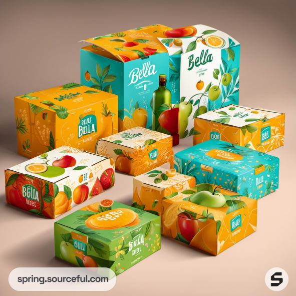 Colorful fruit-themed boxes with vibrant illustrations and labeled 'Bella'.