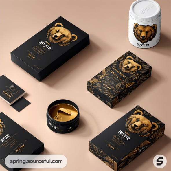 Black and gold packaging with bear illustration on mailer boxes and cards.