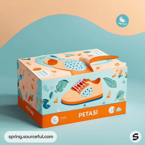 Colorful child shoe mailer box with orange and blue design featuring playful graphics.