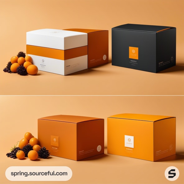 Two stackable gift boxes in orange, black, and white with citrus and berries on a soft orange backdrop.