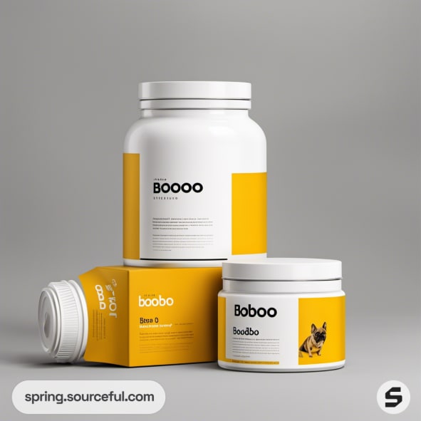 White jars with yellow label, dog graphic, on gray background.