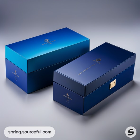 Blue gradient rectangular gift boxes with elegant gold lettering and subtle logo on a gray background.