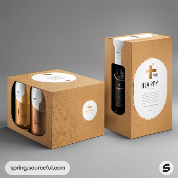 Cardboard boxes with window for bottles, labeled 'HAPPY' and 'HIAPPY', in brown and white.