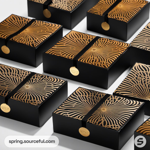 Black and gold gift boxes with intricate patterns