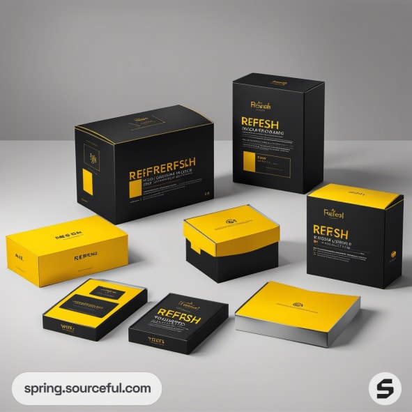 Black and yellow packaging set with various box shapes on a gray background.