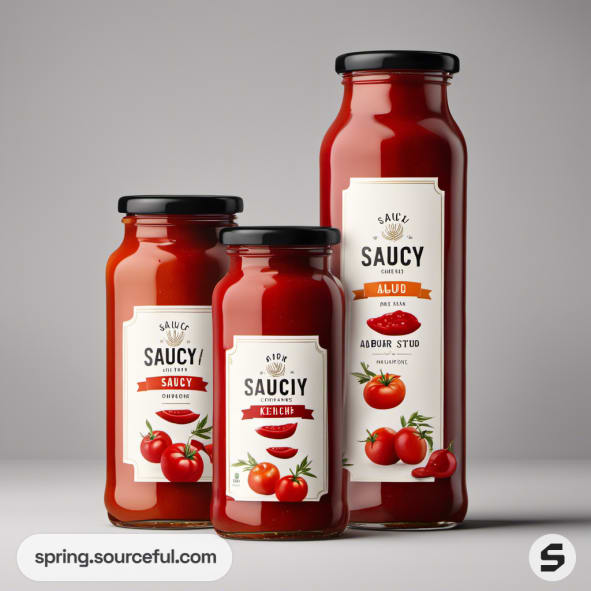 Three tomato sauce jars with modern labels featuring tomatoes.