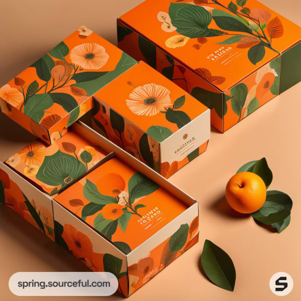 Colorful floral mailer boxes with vibrant orange and green botanical designs.