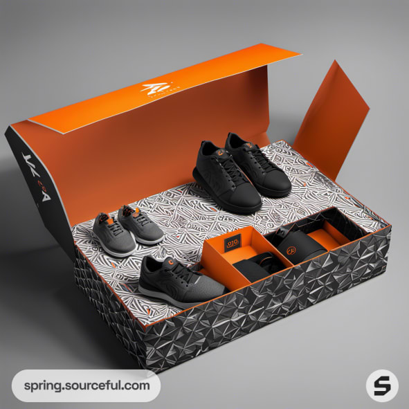 Black shoes in geometric pattern box with orange accents.