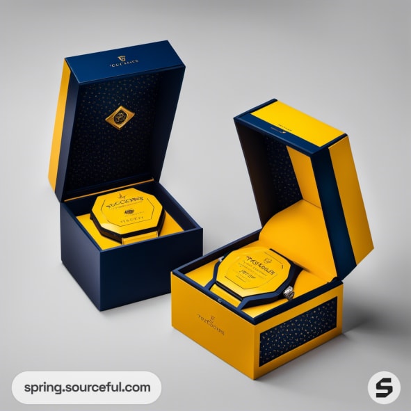 Blue and yellow watch boxes with open lids showing wristwatches.