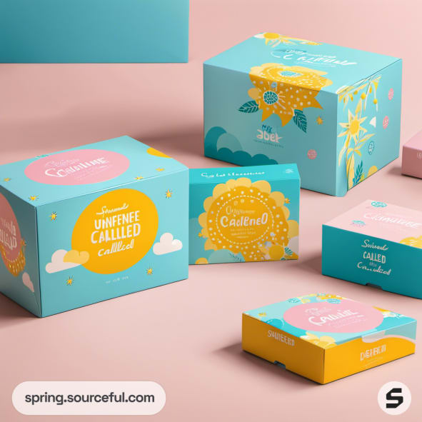 Turquoise and yellow gift boxes with floral and cloud patterns on a pink surface.