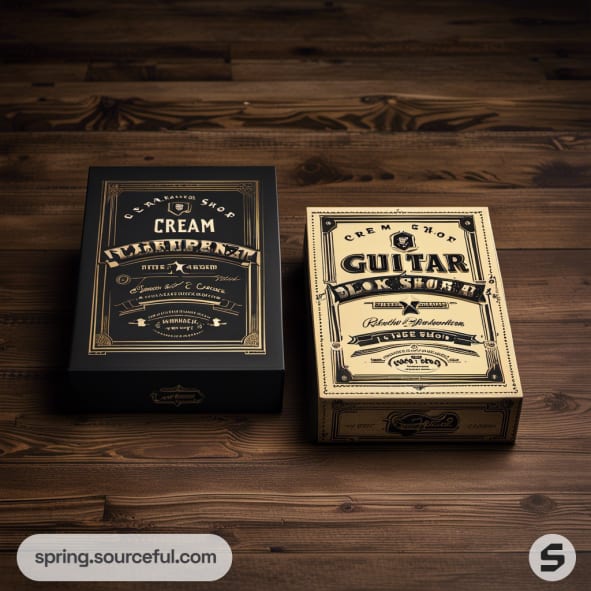 Vintage-style boxes with ornate typography on wood background.