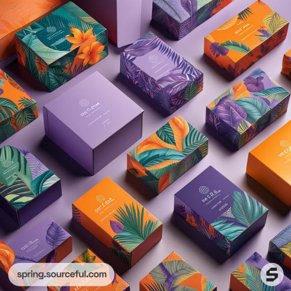 Colorful packaging boxes with tropical leaf patterns in orange and purple tones, arranged in a grid.