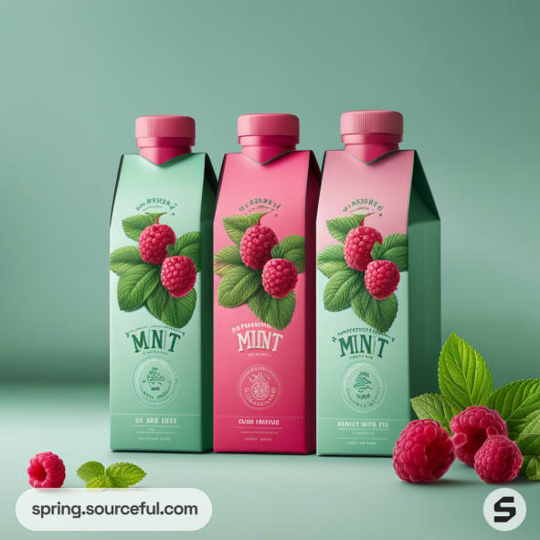 Three mint and raspberry juice cartons with pastel green and pink design, featuring raspberries and mint leaves.