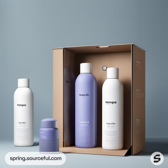 Set of skincare bottles in a cardboard box on a blue background.