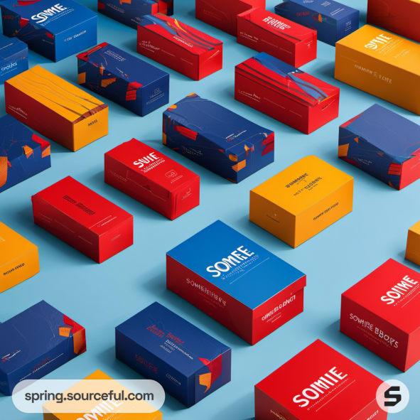 Colorful assorted boxes with red, blue, and yellow designs on a blue background.