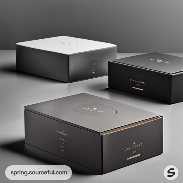 Elegant black and white luxury boxes with gold text, placed on a gray surface.