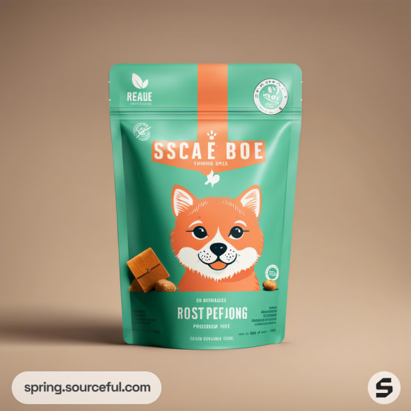 Green resealable pouch with cartoon dog, orange accents for pet food packaging.