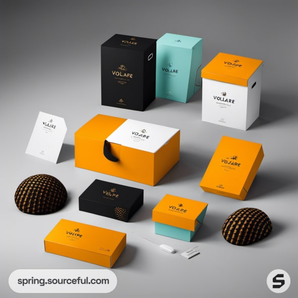 Stacked boxes in black, orange, teal with modern design on a gray background.