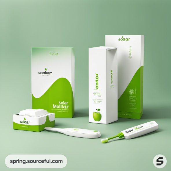 Green and white toothbrush packaging with apple graphic and solar branding.